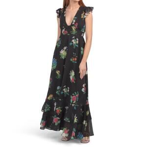 Dalia Macphee Flutter Sleeve Floral Maxi Dress in Black Size Medium